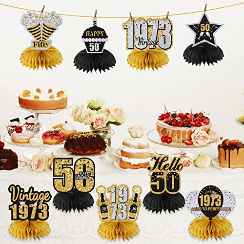 9 Pcs 50Th Birthday Decorations Vintage 1973 Honeycomb Centerpieces For Men Women, Black Gold Silver 50 Birthday Table Toppers Party Supplies, Fifty Years Birthday Table Centerpieces Sign Party Decor #TOP2