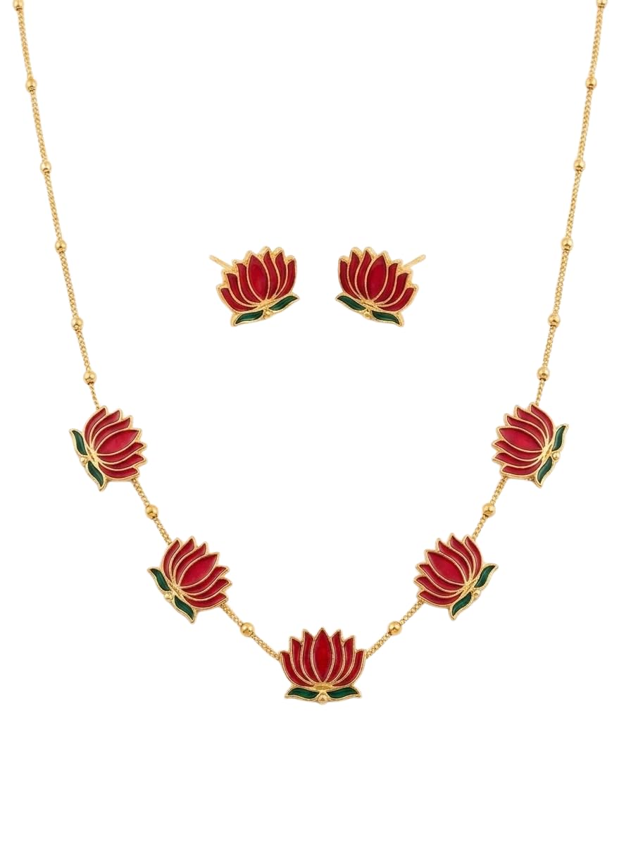 Gold Plated Lotus Flower Necklace Set for Women-image-9