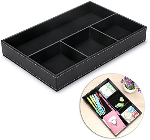 BTSKY 4 slots Desk Drawer Organizer, PU Leather Drawer Storage Organizer Divider for Office Desk Supplies Value Collection and Accessories Multi-Purpose Storage Desktop Organizer Tray(Black)