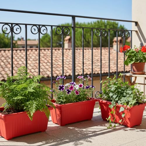 Image of Bianco Rectangular Plastic Pots for Plants, Jupiter Flower Pots for Home, Window Display, Garden (35 x 18.5 x 15 cm) (RED) (Pack of 3)