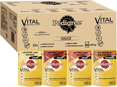 Pedigree Vital Protection Hundenassfutter im Beutel – Hundefutter in Sauce & mit Huhn, Rind, Lamm, Truthahn & Gemüse – 84 x 100g Großpackung