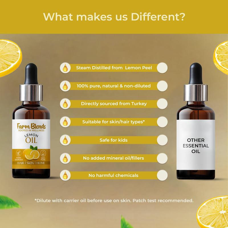 Image of Farm Blends Lemon Essential Oil (15ml+15ml) Set |100% Pure, Steam Distilled| for Collagen Boost, Acne, Hair Care, Stress Relief | Diffuser & Aroma Therapy| Natural, Therapeutic Grade| Nimbu Ka Tel