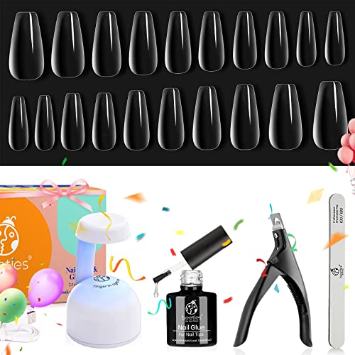 Beetles Easy Gel Tips Nail Extension Kit - 2 in 1 Glue Base Coat Pre-shaped Medium Coffin Nails UV LED Lamp Acrylic Clipper for DIY Manicure Art