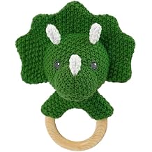 Baby Toys Stuffed Animals Handbell,Triceratops Rattle Toy Wooden Rattle Toys for Baby,Knit Stuffed Animal Cute Rattle with Teether Ring Newborn Birthday GiftsTriceratops