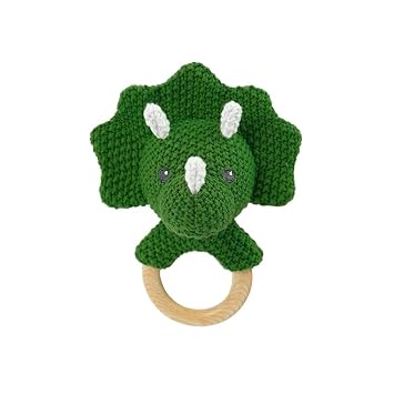 Baby Toys Stuffed Animals Handbell,Triceratops Rattle Toy Wooden Rattle Toys for Baby,Knit Stuffed Animal Cute Rattle with Teether Ring Newborn Birthday GiftsTriceratops