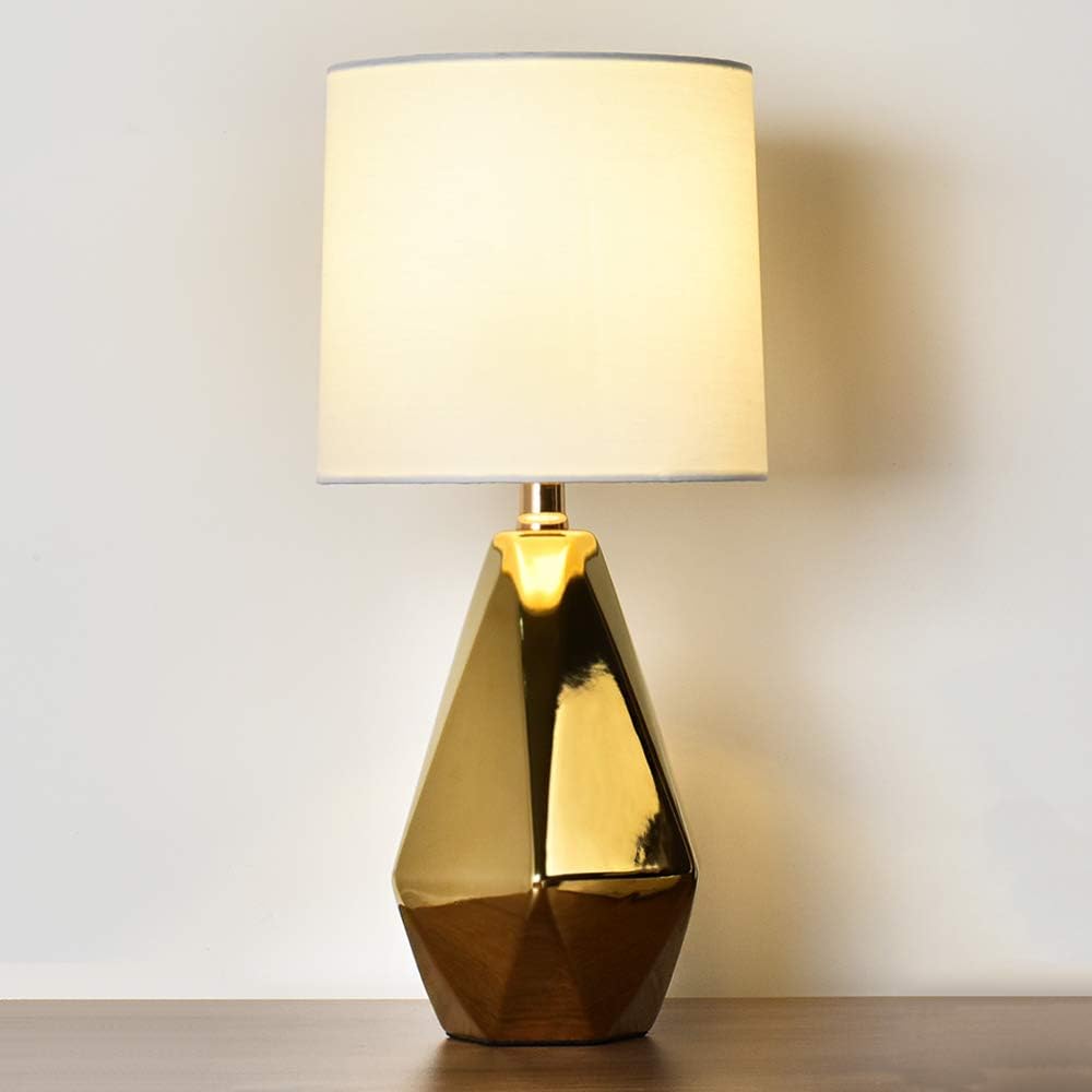 Modern Small Ceramic Plating Golden Geometric Bedroom Livingroom Table Lamp, Irregular Bedside Desk Lamp with White Fabric Shade