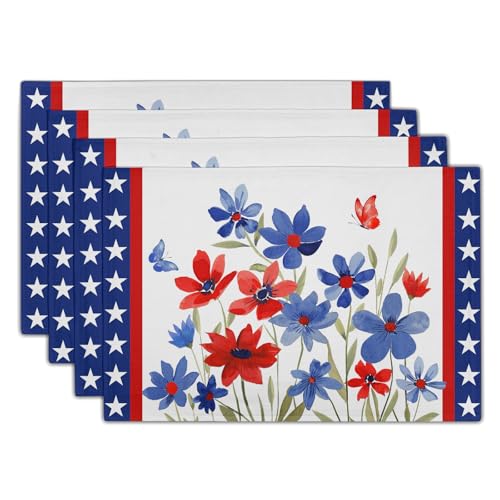 Giwawa 4th of July Placemats Set of 4 Watercolor Patriotic Flowers Stars Table Mats 12x18 Inch Independence Day Floral Heat Resistant Washable Linen Place Mat for Kitchen Dining Party Decor