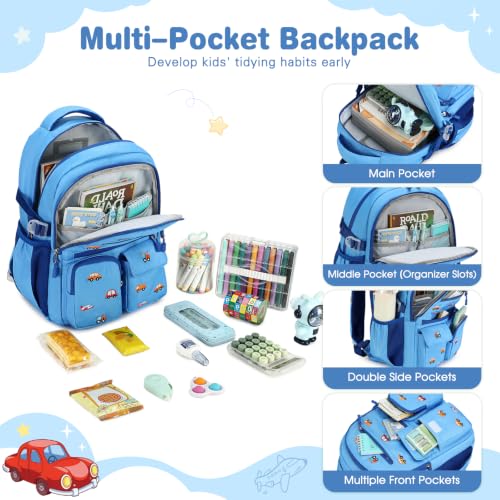 Image of DIGOBAY Backpack for Boys 6-8, 3PCS Embroidery Toddler Boys Backpack with Lunch Bag Pencil Case, 15.7 inch Kids School Bookbag for Preschool Kindergarten Elementary Daycare Backpacks, Blue Car