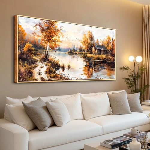 QIYILEXWART Canvas Wall Art For Living Room Large Wall Decor For Office Bedroom Decorations Lakeside Cabins Autumn Landscape Pictures Farmhouse Painting Artwork Room Wall Mural Home Decor 30x60 In by QIYILEXWART - Used condition - Image 6