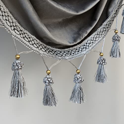 Driftaway Velvet Waterfall Draped Curtain Valance For Living Room Boho Super Soft Home Decoration With Handmade Tassels For Kitchen Single Window Drape For Bedroom W39Xl48 Inches Silver Gray #TOP2