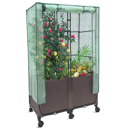 MAYOLIAH 3-in-1 Raised Garden Bed Large Planter Box with Trellis & Cover on Wheels Plastic Tomato Planter with Greenhouse for Deep Rooted & Climbing Plants 31.5x15.7x53-inch Brown by MAYOLIAH - Used condition - US$88.34