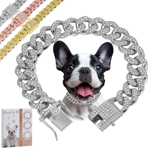 Silver Dog Chain Diamond Collar Walking Metal Chain Collar with Secure Buckle, Pet Cuban Style Collar Jewelry Accessories for Small Medium Large Dogs, Available in Pet Gift (Silver, 10inch)