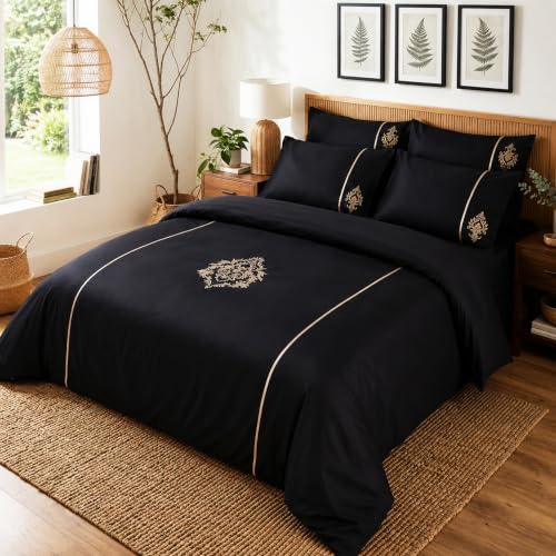 Image of Embroidered Premium Bedsheet Set | 300 TC 100% Cotton 1 Queen Bedsheet Set | Extra Smoothness with Sateen Weave| Damask Black Bedsheet Set (1 Flat Sheet + 2 Pillow Cases)