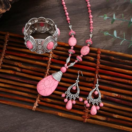 Mayvary Pink Turquoise Jewelry Set for Women, 3Pcs Vintage Boho Western Statement Necklace Earrings Bracelet Chunky Silver Turquoise Jewelry Gift Cowgirl Party 2026 (Pink) by Mayvary - Used condition - Image 2