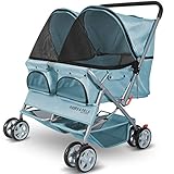 Paws & Pals Double Dog Stroller Easy to Walk Folding Travel Carriage for Pets & Cats - Blue