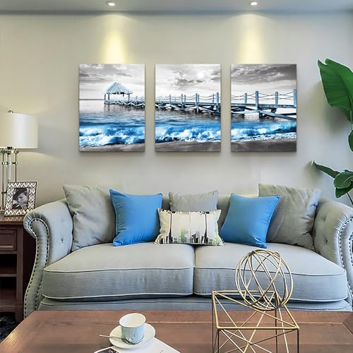 DZRWUBHS Black And White Beach Wall Art - 3 Piece Framed Posters For Living Room, Bedroom, Office - Ocean Sea Wave Pictures