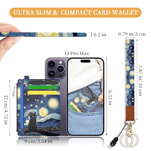 Image of Hancynir Black Cat Slim Wallet Women Credit Card Holder, RFID Blocking Front Pocket Wallet Wristlet Keychain Lanyard, Small Cute Mini Card Case, Thin Travel Zipper Coin PU Leather Ladies Female Gifts