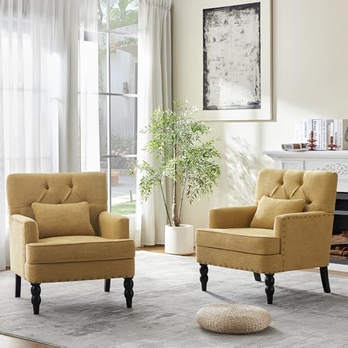 HUIMO Set of 2 Accent Chairs, Tufted Upholstered Club Chairs,Mustard Yellow
