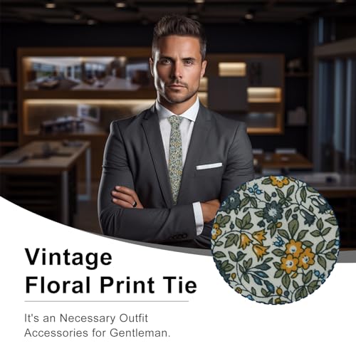 Image of Luckyvestir Ties for Men, Sage Green Cotton Floral Tie 2.76 inch Flower Printed Men's Neckties for Wedding /Groomsmen /Suit /Party