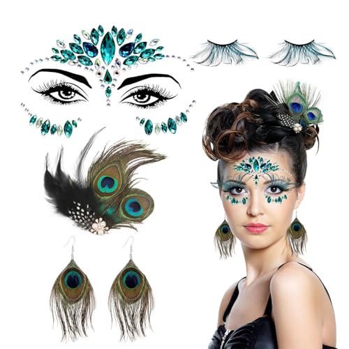 Pfau Kostüm Damen Set, CIYIN Pfau Kopfschmuck und Künstliche Wimpern, Glitzersteine Gesicht, Pfau Ohrringe, Pfau Themen Outfit Accessoires für Karneval, Mottoparty, Cosplay