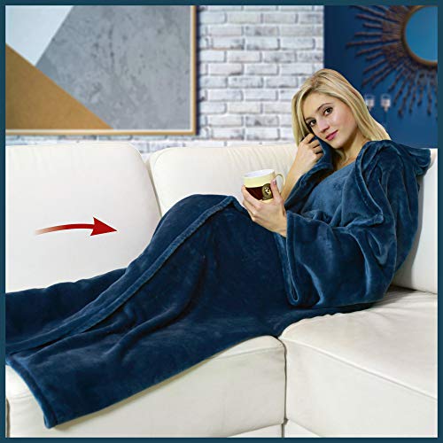 Walser 13679 Coperta coccolosa con Maniche, Coperta Vivente, Coperta in Pile, Blu 150x180cm