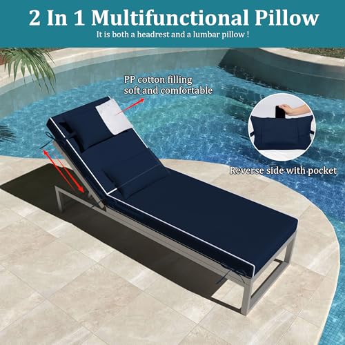 2 Pcs Oversized Lounge Chair Cushions for Outside, 80"Lx26"W, Replacement Outdoor Chaise Cushions with Ties, Zipper, Waterproof Lounge Chair Pads for Patio Pool Furniture, Navy Blue+White Piping by Odsiikly - Image 6
