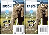  Epson 24 Eléphant Cyan Clair, Cartouche d\'encre d\'origine, XP-55 XP-750 XP-760 XP-850 XP-860 XP-950 XP-960 XP-970 (Lot de 2)