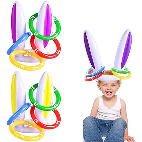 [ Score Ring ] 3 Pack Easter Inflatable Bunny Ring Toss Game Easter Rabbit Ears Ring Toss Party Games Inflatable Toys Gift for Kid Family School Party Favor Indoor Outdoor Toss Game (3 Set & 12 Rings) Cover