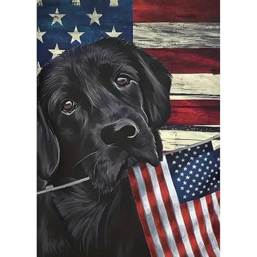 Sanjee Black Dog Diamond Art Painting Kits for Adults Beginner 5D DIY American Flag Round Full Drill Gem Art Animal Crafts for Home Wall Decor Gift 12x16inch