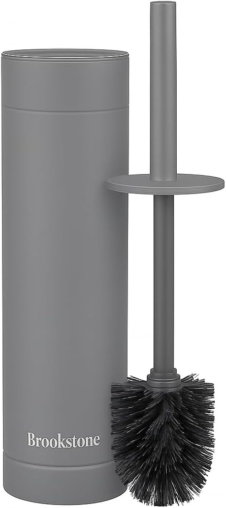 BROOKSTONE Toilet Brush and Holder Set for Bathroom with Splash Guard for Deep Cleaning, Compact and Space Saving Stylish Toilet Bowl Cleaners, White