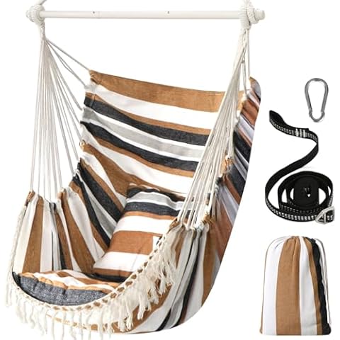 Chihee Hammock Chair Hanging Swing Max 500 Lbs 2 Cushions Included Metal Spreader Bar with Anti-Slip Grooves Portable Hanging Chair Side Pocket Large Macrame Bohemian Chair Indoor Outdoor Cover