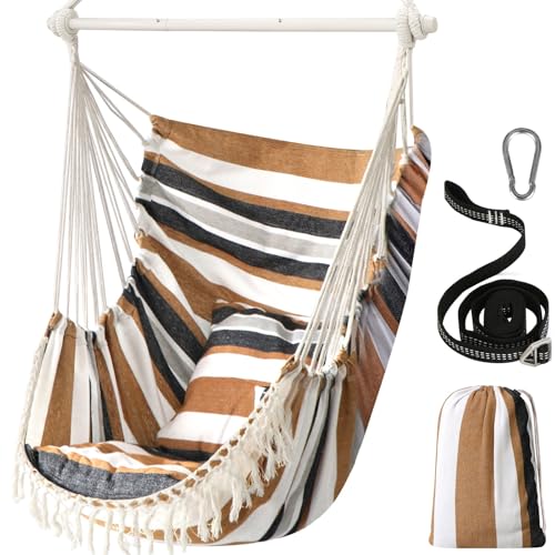 Chihee Columpio Silla Hamaca MAX 227KG 2 Cojines incluidos Barra de Metal con Ranuras Antideslizantes Silla Colgante portátil Bolsillo Lateral Silla Bohemia Grande de macramé Interior Exterior