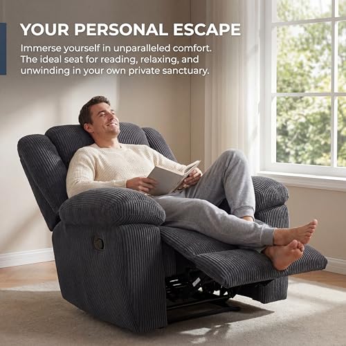 Image of Oversized Corduroy Recliner Chair, Manual Lazy Boy Recliner with Home Theater Seating, Breathable Living Room Reclining Chair for Adults Reading, Gaming, Relax, Dark Gray
