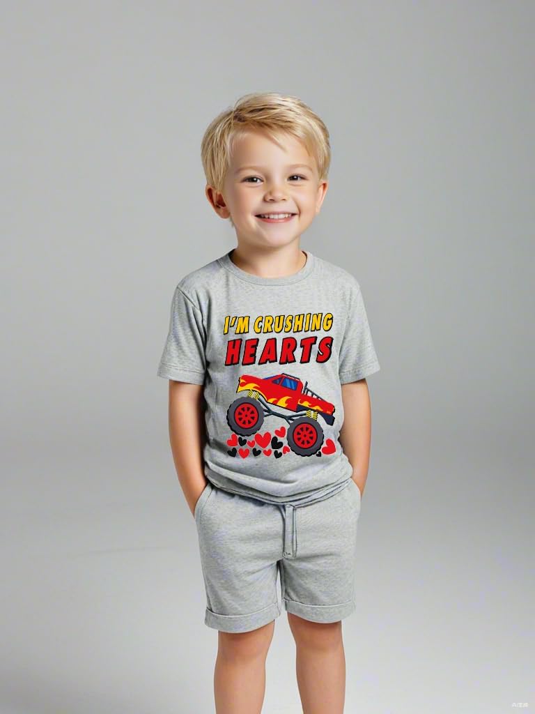 Tkria Boys Girls Valentine Shirts Short Sleeve Monster Truck Excavator Flamingos XOXO Love Heart Tops for Kids 2-10T