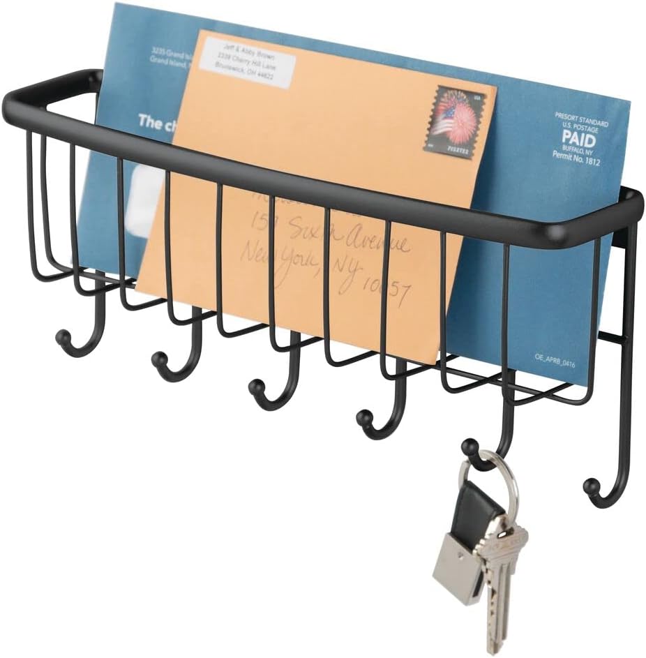 mDesign Wall Mount Metal Entryway Storage Organizer Mail Sorter Basket with 6 Hooks - Letter, Magazine, Coat, Leash and Key Holder for Entryway, Mudroom, Hallway, Kitchen, Office - Black