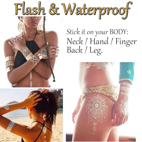 PROACC Metallic Temporäres Tattoo – 16 Blätter Musik Festival Flash Gold Temporäre Tattoos für Frauen, 300 Designs Wasserdichter goldener Tattoo-Aufkleber für den Körper von Mädchen