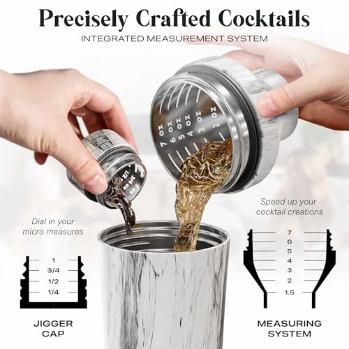 BARE BARREL Insulated Cocktail Shaker Set | Double Wall Stainless Steel | Martini Shaker for Home Bar Bartending | Built-in Drink Measure System & Strainer, Travel Bag, Recipes | Gift Set (V. Carrara) by Bare Barrel - Image 4