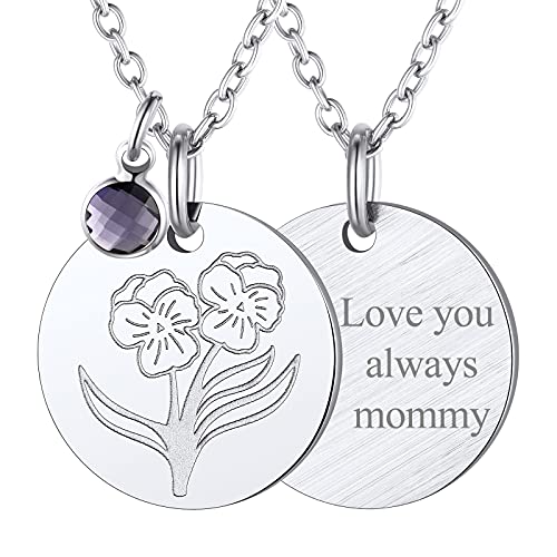 FindChic Birth Flower Disc Necklaces for Women with Birthstone Stainless Steel/Gold Plated/Sterling Silver Jan. to Dec. Guardian Month Floral Pendant Custom Engraved Dainty Jewelry + Gift Bo