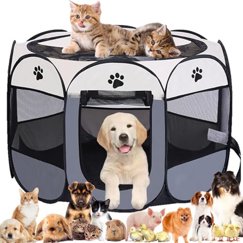Image of Pet Playpen Portable Dog Pen Foldable Pop Up Cat Play Pen, Oxford Fabric Soft Dog Crate Cage Puppy Pen for Indoors Outdoor Travel, Cat Tent Whelping Box for Kitten Rabbit Hamster Guinea Pig (Grey L)