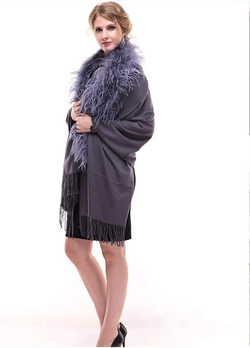 Women's Faux Cashmere Cape With Real Ostrich Feather Collar Shawl Wrap Winter Warm