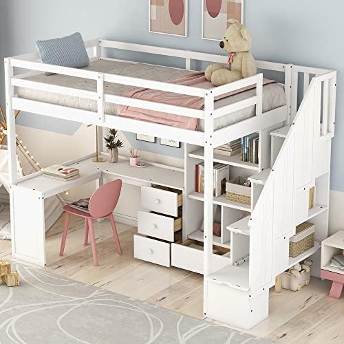 Twin Size Loft Bed with L-Shaped Desk and Drawers,Multifunctional Wooden Bed Frame,W/Cabinet and Storage Staircase, No Box Spring Requiredfor Kids Boys Girls Teens,Gray
