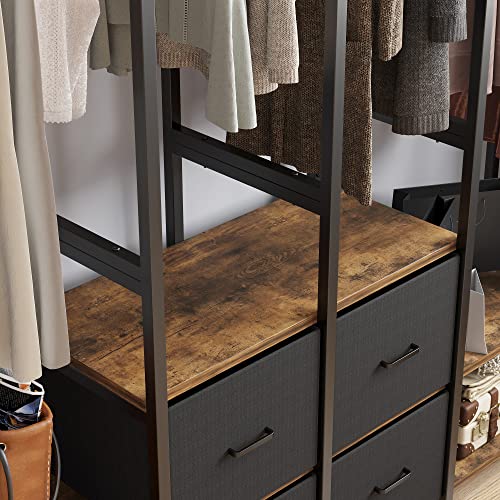 Karl Home Freestanding Closet Organizer With 4 Fabric Drawers, Heavy Duty Clothes Rack With Wooden Shelves Hanging Rods, Free Standing Garment Rack Clothing Storage Wardrobe Vintage Walnut 70.87" H #TOP5