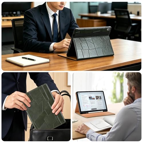 ONETHEFUL Etui na iPada Air 27.9 cm M4/M3/M2 (2026/2025/2024), skórzane etui ochronne ze skóry PU z przednią kieszenią, pasek na rękę, regulowany stojak pod dwoma kątami (czarne)
