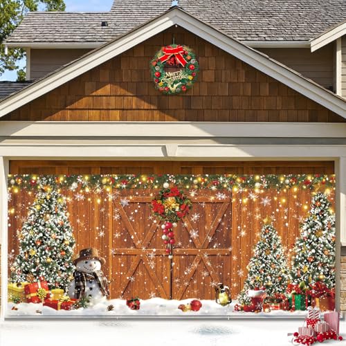 Lsseauto 7x16FT Christmas Garage Door Cover, Rustic Barn Door Garage Door Banner Decorations, Light Strings, Xmas Tree and Snowman Backdrop for Christmas Party Decorative Supplies by Lsseauto - Used condition - US$26.87