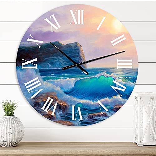 DesignQ Nautical & Coastal Wall Clock 'Blue Waves Breaking at The Beach III' Blue Round Wall Clock for Kitchen Decor CLOCK35179 23x23