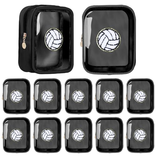 Reginary 12 Pcs Sport Team Gift Bags 6 x 5 Inch Chenille Patch Clear Makeup Bags Waterproof Travel Size for Women Party Favors Team Stuff(Black,Volleyball)
