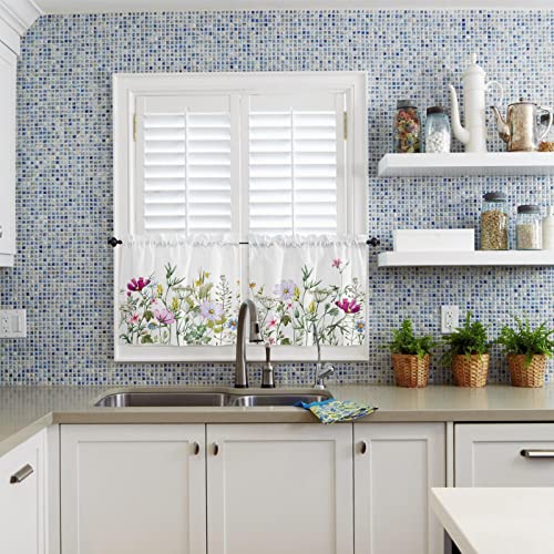 Spring Floral Tier Curtains 24 Inch Length, Farmhouse Colorful Floral Wildflowers Green Leaves Spring Kitchen Tier Curtains 2 Piece, Rod Pocket Window Treatment Tiers For Bedroom Cafe, 27.5”X24” #TOP2