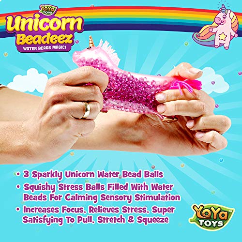 Yoya Toys Beadeez Unicorn Squishy Stress Balls Toy (3-Pack) For Girls, Boys, Or Adults - Colorful, Gel Water Beads Balls Inside - Promote Anxiety And Stress Relief - Promote Calm Focus And Play #TOP2