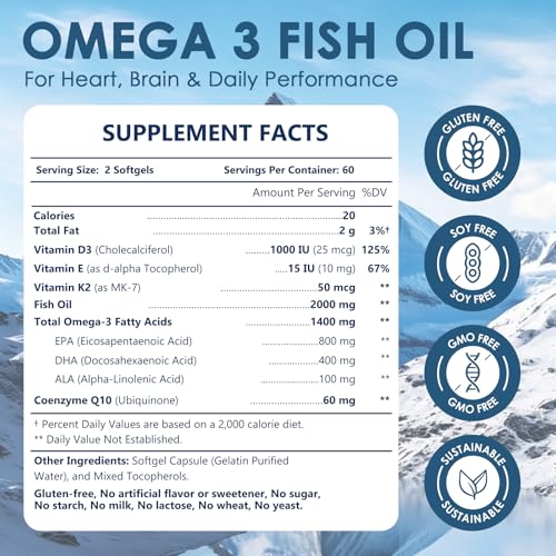 NATURE TARGET Omega 3 Fish Oil, High-Purity Fish Oil 2000mg, Rich in Omega-3 Fatty Acids, Supports Heart & Immune Health, Easy to Absorb, No Fishy Aftertaste, 120 Softgels — view 2