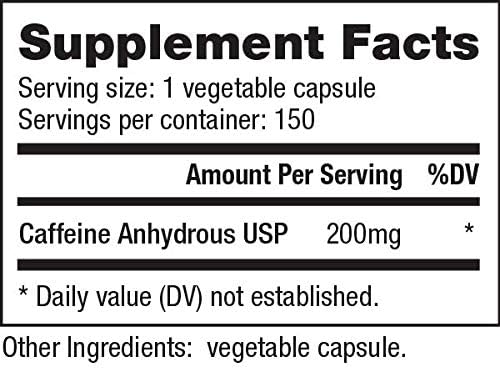 NutraBio - Caffeine Pills - 100% Pure Caffeine Anhydrous - Energy Support - Increase Focus - 150 Capsules, 200mg